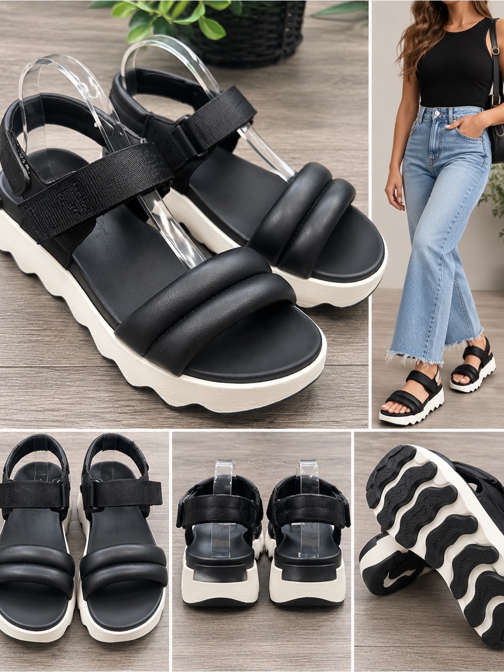 Sorel Kinetic Women’s Size 9.5 Black Chunky Platform Sandals Adjustable Strap
